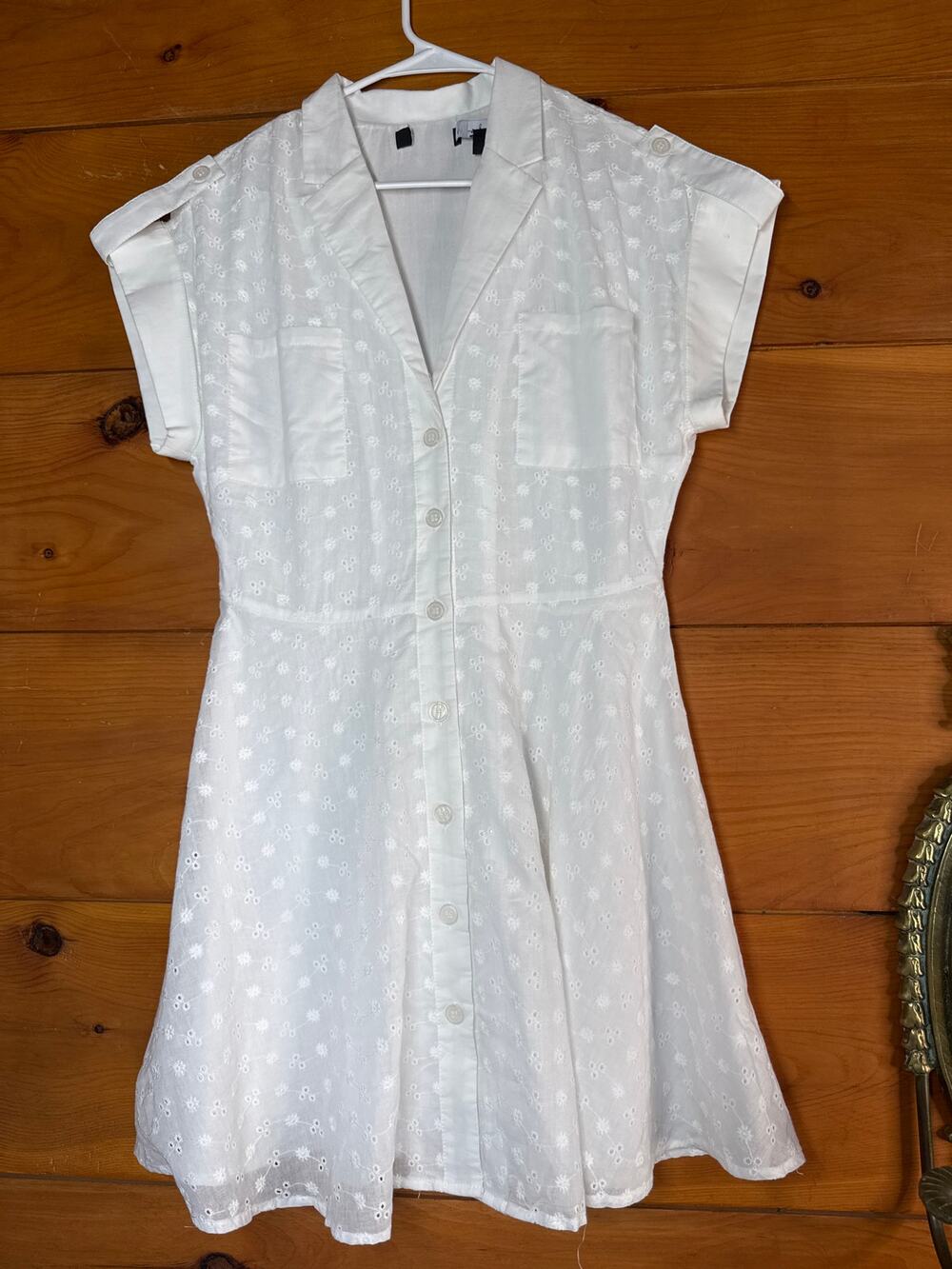 Lulus Strolling Paris White Eyelet Embroidered Button-Up Mini Dress Beachy Small